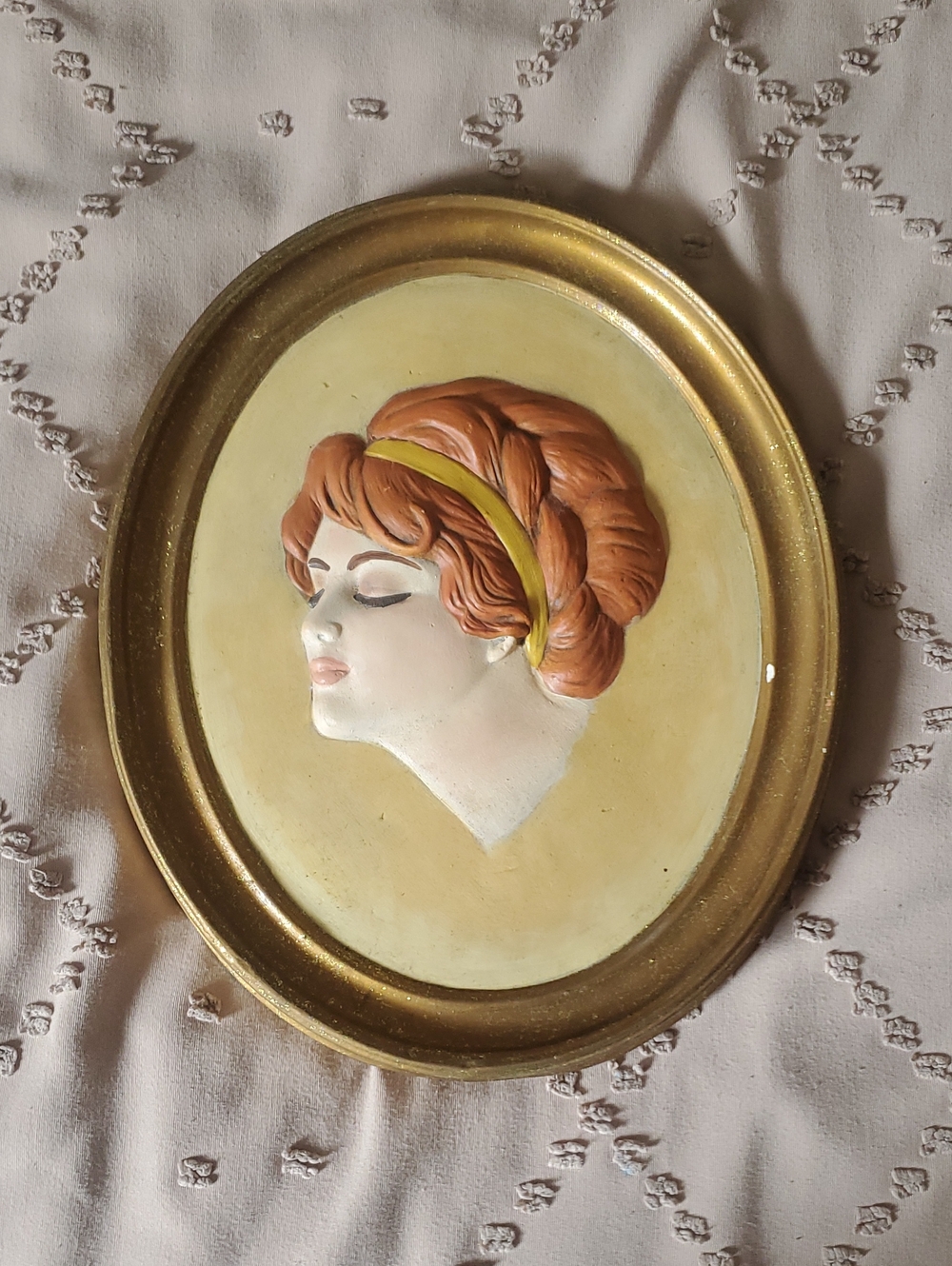 Vintage Women Hair Wall Plaque - Brown Hair with Gold Headband